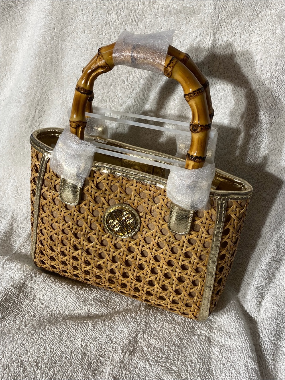 Lilly Pulitzer Adrian Cane Mini Bag Natural Bamboo Handle Tote - Gold Trim